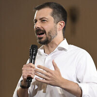 FILE - Former US secretary of transportation Pete Buttigieg speaks during a VoteVets Town Hall, May 13, 2025, in Cedar Rapids, Iowa. (AP Photo/Cliff Jette, File)
