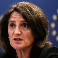 European Commission Executive Vice President for a Clean, Just and Competitive Transition, Teresa Ribera speaks during a press conference in Beijing, on July 14, 2025. (AP/Mahesh Kumar A.)