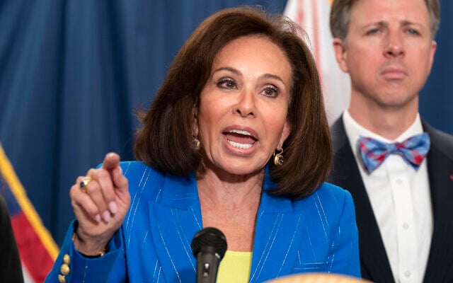 US Attorney Jeanine Pirro speaks during a news conference on charges related to the deadly shooting of Israeli Embassy staff during a news conference at the Attorney General's office for the District of Columbia in Washington, on August 7, 2025. (AP Photo/Jose Luis Magana)