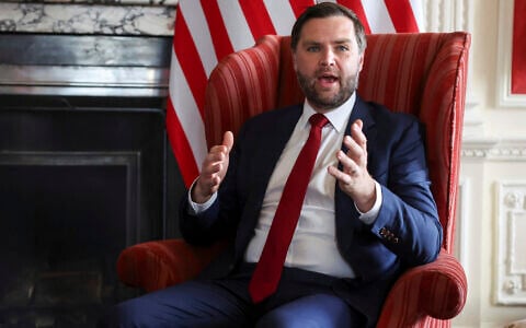 US Vice President JD Vance speaks during a meeting with Britain's Foreign Secretary David Lammy (not pictured) at Chevening House in Kent, England, August 8, 2025. (Suzanne Plunkett/Pool via AP)