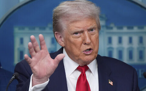 US President Donald Trump speaks with reporters in the James Brady Press Briefing Room at the White House, Monday, August 11, 2025, in Washington. (AP/Alex Brandon)