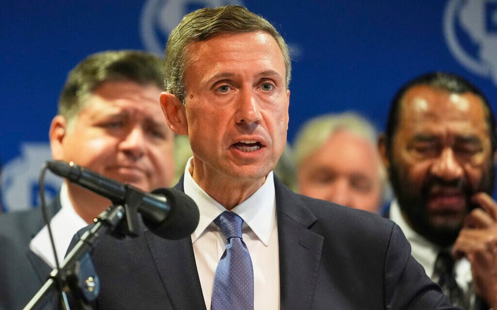 US Democratic National Committee Chairman Ken Martin speaks during a news conference in Aurora, Ill., on August 5, 2025. (AP/Erin Hooley, File)