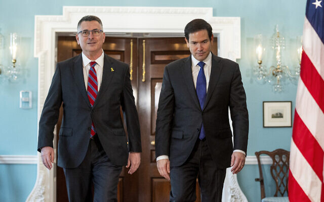 Secretary of State Marco Rubio, right, meets with Israeli Foreign Minister Gideon Sa'ar, at the State Department in Washington, Wednesday, August 27, 2025. (AP/Cliff Owen)