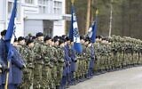 FILE - Flags of the Finnish Air Forces, featuring swastikas, are seen during a parade in Jyvaskyla, Finland in November 2024. (Tommi Anttonen/Lehtikuva via AP, File)
