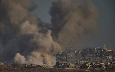 Smoke rises to the sky following an Israeli military strike in the northern Gaza Strip, as seen from southern Israel, August 30, 2025. (AP/Leo Correa) Smoke rises to the sky following an Israeli military strike in the northern Gaza Strip, as seen from southern Israel, August 30, 2025. (AP/Leo Correa)