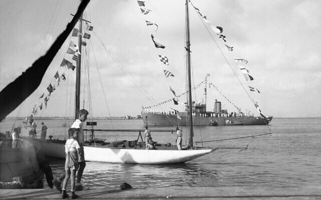 An Israeli training ship and a corvette are seen on July 7, 1948, in the port of Haifa following the departure of the last British troops from that city on June 30. (AP Photo/GM)