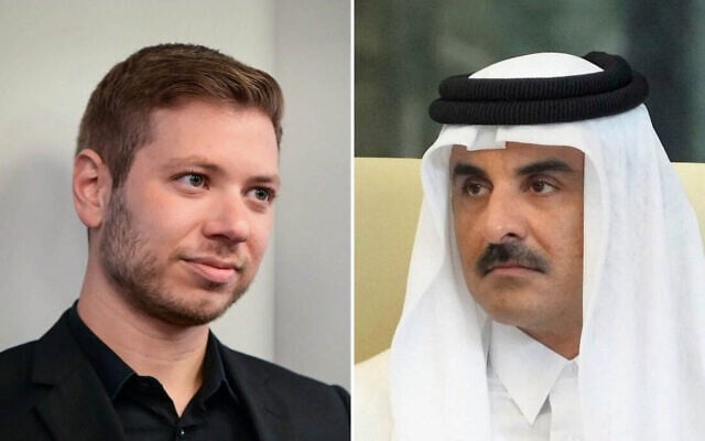 L-R: Yair Netanyahu and Qatari Emir Tamim Bin Hamad al Thani (Avshalom Sassoni/Flash90/Hadi Mizban/Pool/AFP) L-R: Yair Netanyahu and Qatari Emir Tamim Bin Hamad al Thani (Avshalom Sassoni/Flash90/Hadi Mizban/Pool/AFP)