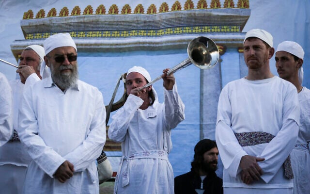 Illustrative: Jewish men attend a Passover sacrifice reenactment on March 30, 2015, in Jerusalem. (Hadas Parush/Flash90)
