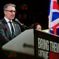 UK Ambassador to Israel Simon Walters speaks during a rally calling for the release of Hamas-held hostages, at Hostages Square, in Tel Aviv, May 18, 2024. (Avshalom Sassoni/Flash90)