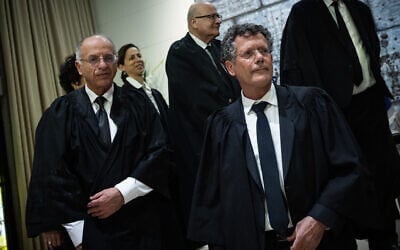 Supreme Court President Isaac Amit with Supreme Court Deputy President Noam Sohlberg during his swearing-in ceremony, at the President's Residence in Jerusalem, February 13, 2025. (Yonatan Sindel/Flash90) Supreme Court President Isaac Amit with Supreme Court Deputy President Noam Sohlberg during his swearing-in ceremony, at the President's Residence in Jerusalem, February 13, 2025. (Yonatan Sindel/Flash90)