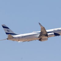 An El Al flight takes off at Ben Gurion International Airport, outside of Tel Aviv, June 19, 2025. (Yossi Aloni/Flash90)