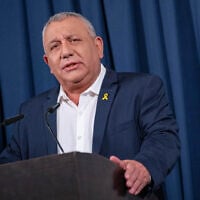 Then-MK Gadi Eisenkot holds a press conference after announcing his resignation from the Knesset and his departure from the National Unity party, in Tel Aviv, July 1, 2025. (Erik Marmor/Flash90)