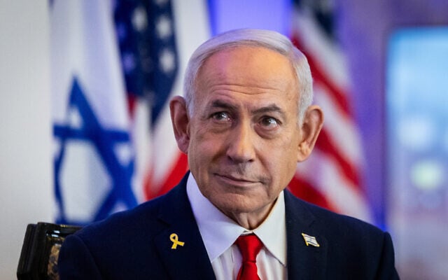 Israeli Prime Minister Benjamin Netanyahu attends a Christian conference in Jerusalem, on April 27, 2025. (Chaim Goldberg/Flash90)