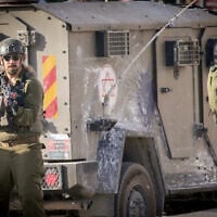 An Israeli army vehicle during a military operation in Askar refugee camp east of Nablus in the West Bank, July 30, 2025. (Nasser Ishtayeh/Flash90)
