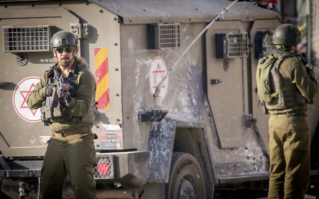 An Israeli army vehicle during a military operation in Askar refugee camp east of Nablus in the West Bank, July 30, 2025. (Nasser Ishtayeh/Flash90)