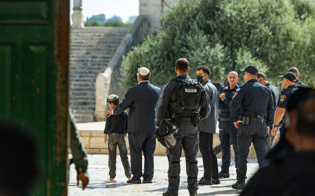 National Security Minister Itamar Ben Gvir, left, at the Temple Mount in Jerusalem on August 3, 2025. (Chaim Goldberg/Flash90) National Security Minister Itamar Ben Gvir, left, at the Temple Mount in Jerusalem on August 3, 2025. (Chaim Goldberg/Flash90)