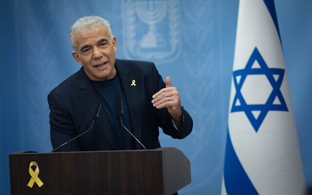 Opposition Leader Yair Lapid leads a faction meeting at the Knesset, in Jerusalem, on August 4, 2025. (Yonatan Sindel/Flash90) Opposition Leader Yair Lapid leads a faction meeting at the Knesset, in Jerusalem, on August 4, 2025. (Yonatan Sindel/Flash90)
