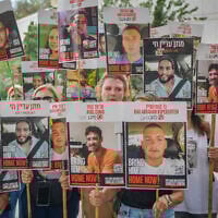 Families of Israelis held hostage in Gaza, former hostages and supporters hold a press conference in Tel Aviv, on August 9, 2025. (Avshalom Sassoni/Flash90)