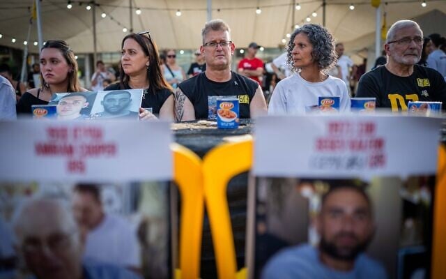 Relatives of hostages held in the Gaza Strip and former hostages protest at 'Hostages Square' in Tel Aviv, calling for the release of Israelis held by Hamas, August 9, 2025. (Erik Marmor/Flash90
