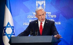 Prime Minister Benjamin Netanyahu holds a press conference at the Prime Minister's Office in Jerursalem, on August 10, 2025. (Yonatan Sindel/ Flash90)