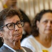 Former hostage Yocheved Lifshitz at the Knesset in Jerusalem, August 12, 2025. (Chaim Goldberg/Flash90)