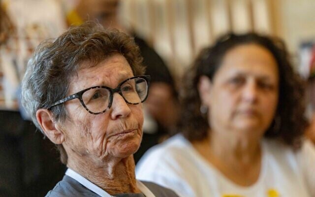 Former hostage Yocheved Lifshitz at the Knesset in Jerusalem, August 12, 2025. (Chaim Goldberg/Flash90)
