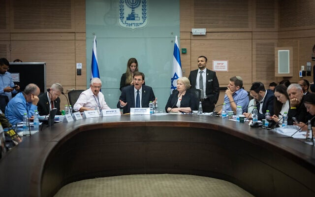 MK Boaz Bismuth, chair of the Foreign Affairs and Defense Committee, leads a committee meeting at the Knesset, Jerusalem, on August 12, 2025. (Yonatan Sindel/Flash90)