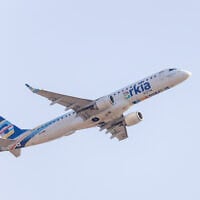 An Arkia plane takes off from Ben Gurion Airport, outside Tel Aviv, August 14, 2025. (Yossi Aloni/Flash90)