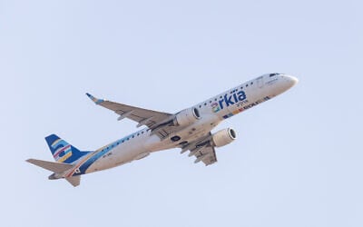 An Arkia plane takes off from Ben Gurion Airport, outside Tel Aviv, August 14, 2025. (Yossi Aloni/Flash90)