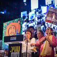 Protesters listen to a speak at Hostages Square in Tel Aviv, calling for a deal with the Hamas terror group to secure the release of hostages held in Gaza, on August 16, 2025. (Avshalom Sassoni/Flash90)
