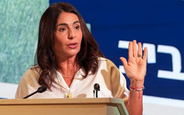Transportation Minister Miri Regev attends a ceremony marking the beginning of construction of the Israel Railways line from Kiryat Shmona, in the northern Israeli city of Kiryat Shmona, August 18, 2025. (Ayal Margolin/Flash90)