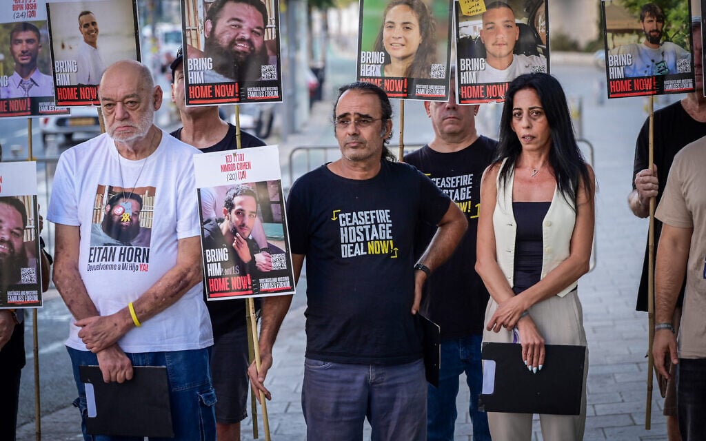Families of Israelis held hostage by Palestinian terrorists in Gaza hold a press conference in Tel Aviv on August 23, 2025. (Avshalom Sassoni/Flash90) Families of Israelis held hostage by Palestinian terrorists in Gaza hold a press conference in Tel Aviv on August 23, 2025. (Avshalom Sassoni/Flash90)
