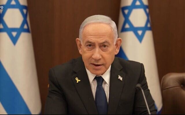 Prime Minister Benjamin Netanyahu speaks at a weekly cabinet meeting on August 17, 2025. (Screenshot/GPO)