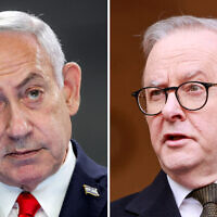 (L) Prime Minister Benjamin Netanyahu gives a press conference in Jerusalem on August 10, 2025 (ABIR SULTAN / POOL / AFP) and (R) Australia’s Prime Minister Anthony Albanese speaks during a press conference in Canberra on August 11, 2025 (Hilary Wardhaugh / AFP)