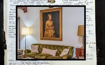 The Dutch Jewish art dealer Jacques Goudstikker kept a record of his holdings in a pocket notebook in the 1930s. Among the paintings he owned when he died was one that has reappeared in a real estate ad in August 2025 in Buenos Aires. (Black book by Marcel Antonisse/AFP via Getty Images via JTA; real estate photograph from Robles Casas & Campas via JTA)