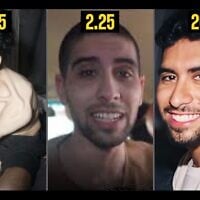 A still of hostage Evyatar David taken from a Hamas propaganda video (left) next to photos of him in captivity in February (center), and before his capture in 2023. (Hostages and Missing Families Forum)