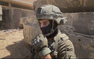 Lt. Col. G., commander of the 77th Armored Battalion, in Zeitoun, Gaza, August 28, 2025 (Lazar Berman/The Times of Israel)
