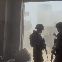 IDF troops from the 7th Armored Brigade operate in Gaza City's Zeitoun neighborhood, August 28, 2025 (Lazar Berman/The Times of Israel)