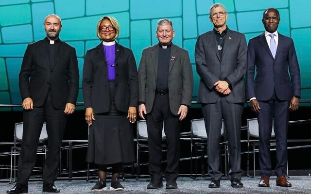 Rabbi Rick Jacobs, president of the Union of Reform Judaism, stands second from right on the dais as a morning prayer begins at the Evangelical Lutheran Church in America Churchwide Assembly in Phoenix, Arizona, July 31, 2025. (Courtesy of Jacobs)