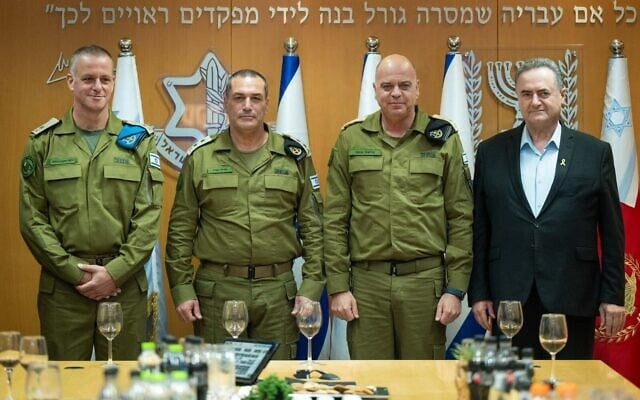 From left to right: Maj. Gen. Rami Abudraham, Chief of Staff Lt. Gen. Eyal Zamir, Maj. Gen. Mishel Yanko, and Defense Minister Israel Katz, at Abudraham’s promotion to major general, August 28, 2025. (Israel Defense Forces) From left to right: Maj. Gen. Rami Abudraham, Chief of Staff Lt. Gen. Eyal Zamir, Maj. Gen. Mishel Yanko, and Defense Minister Israel Katz, at Abudraham’s promotion to major general, August 28, 2025. (Israel Defense Forces)