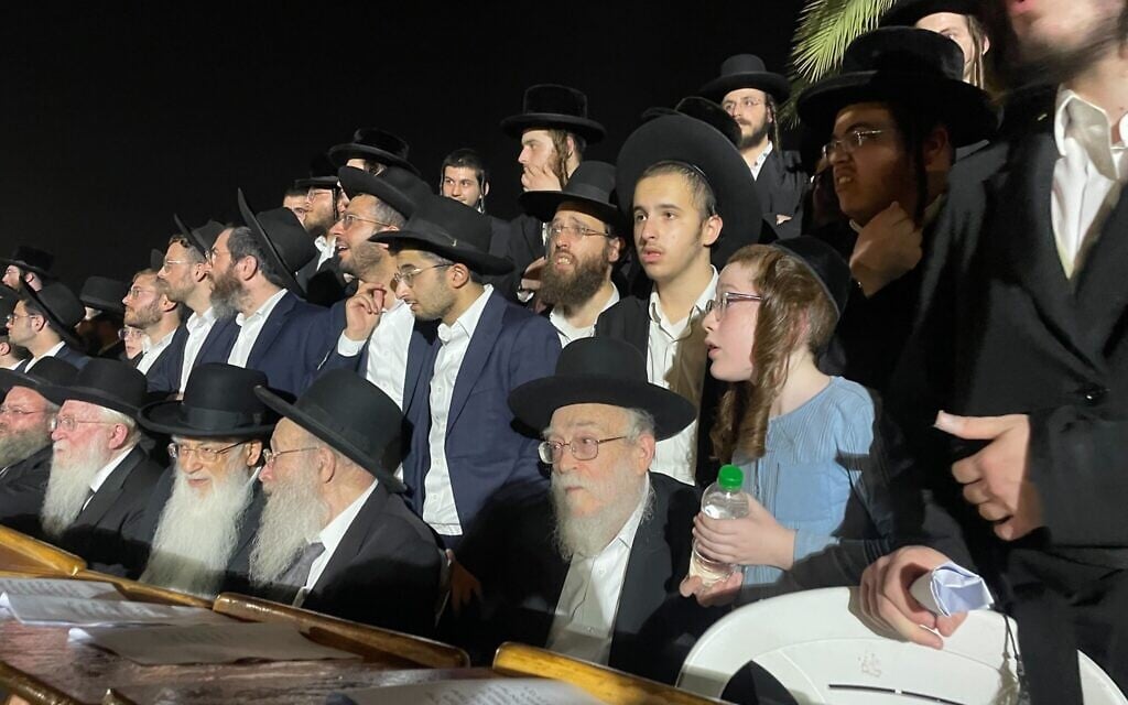 Ultra-Orthodox rabbis at a rally against the arrest of draft-dodging yeshiva students outside of the military prison at Beit Lid, August 14, 2025. (Sam Sokol/Times of Israel)