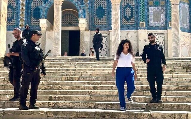 Deputy Foreign Minister MK Sharren Haskel descending the steps of the Temple Mount, August 3, 2025. (Courtesy)
