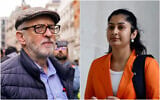 Left: Former Labour Party leader Jeremy Corbyn attends an anti-Israel demonstration in London, February 17, 2024. (AP Photo/Alberto Pezzali)/ Zarah Sultana, then a Labour MP for Coventry South, arrives for an interview with the BBC in London on July 21, 2024. (BENJAMIN CREMEL / AFP)
