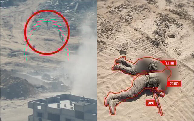 Hamas gunmen flee during an attack on an army encampment in southern Gaza's Khan Younis, and dead Hamas operatives following the incident, August 20, 2025. (Israel Defense Forces)