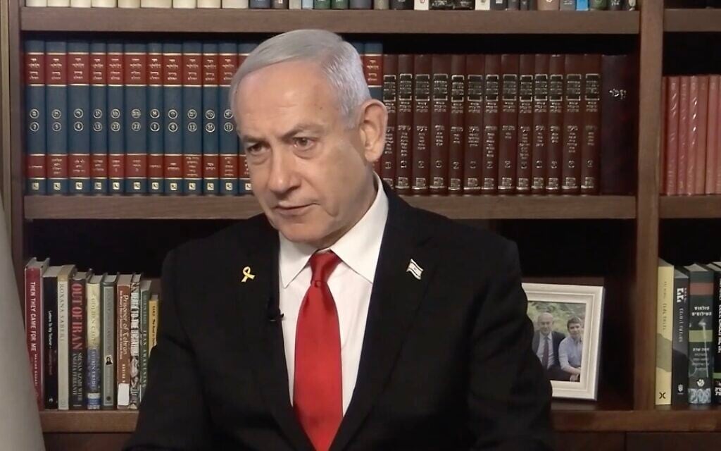 Prime Minister Benjamin Netanyahu as seen during an interview with the i24 television channel, aired on August 12, 2025. (Screenshot, i24)
