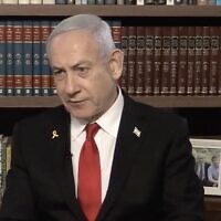 Prime Minister Benjamin Netanyahu as seen during an interview with the i24 television channel, aired on August 12, 2025. (Screenshot, i24)