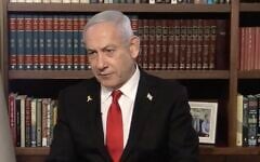 Prime Minister Benjamin Netanyahu as seen during an interview with the i24 television channel, aired on August 12, 2025. (Screenshot, i24)