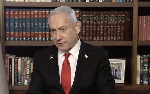 Prime Minister Benjamin Netanyahu as seen during an interview with the i24 television channel, aired on August 12, 2025. (Screenshot, i24)