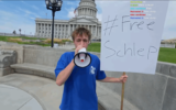 Streamers in Utah held a #FreeSchlep protest in front of the state capitol on behalf of a banned Roblox user by that name, August 15, 2025. (Screenshot from YouTube)