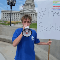 Streamers in Utah held a #FreeSchlep protest in front of the state capitol on behalf of a banned Roblox user by that name, August 15, 2025. (Screenshot from YouTube)